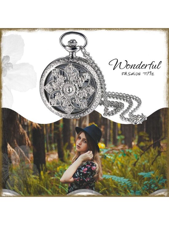 Womens Silver Quartz Antique Bronze Retro Hollow Rose Flowers Round Pocket Watch main image 5